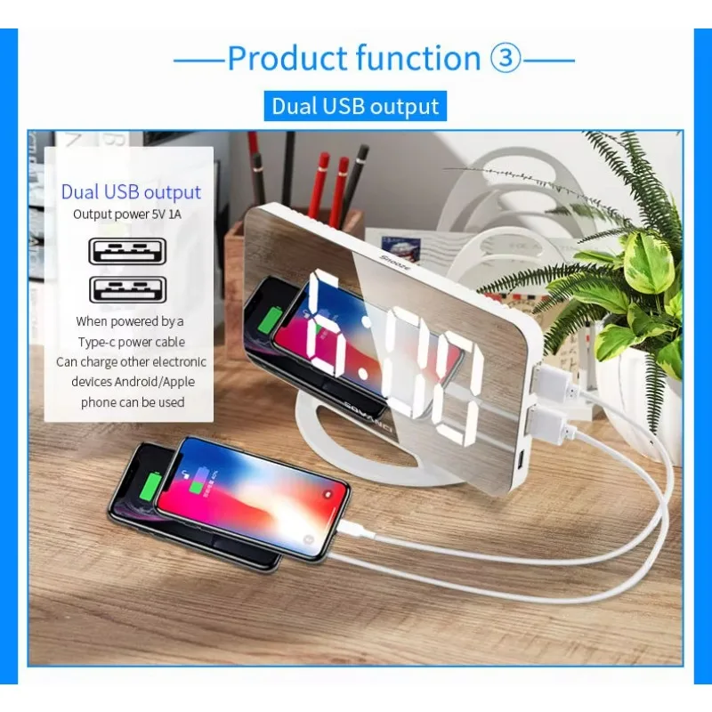 Фото Новый ультрабольшой вибробудильник с USB-зарядкой, цифровые часы с большим дисплеем, светодиодный зеркальный будильник №4