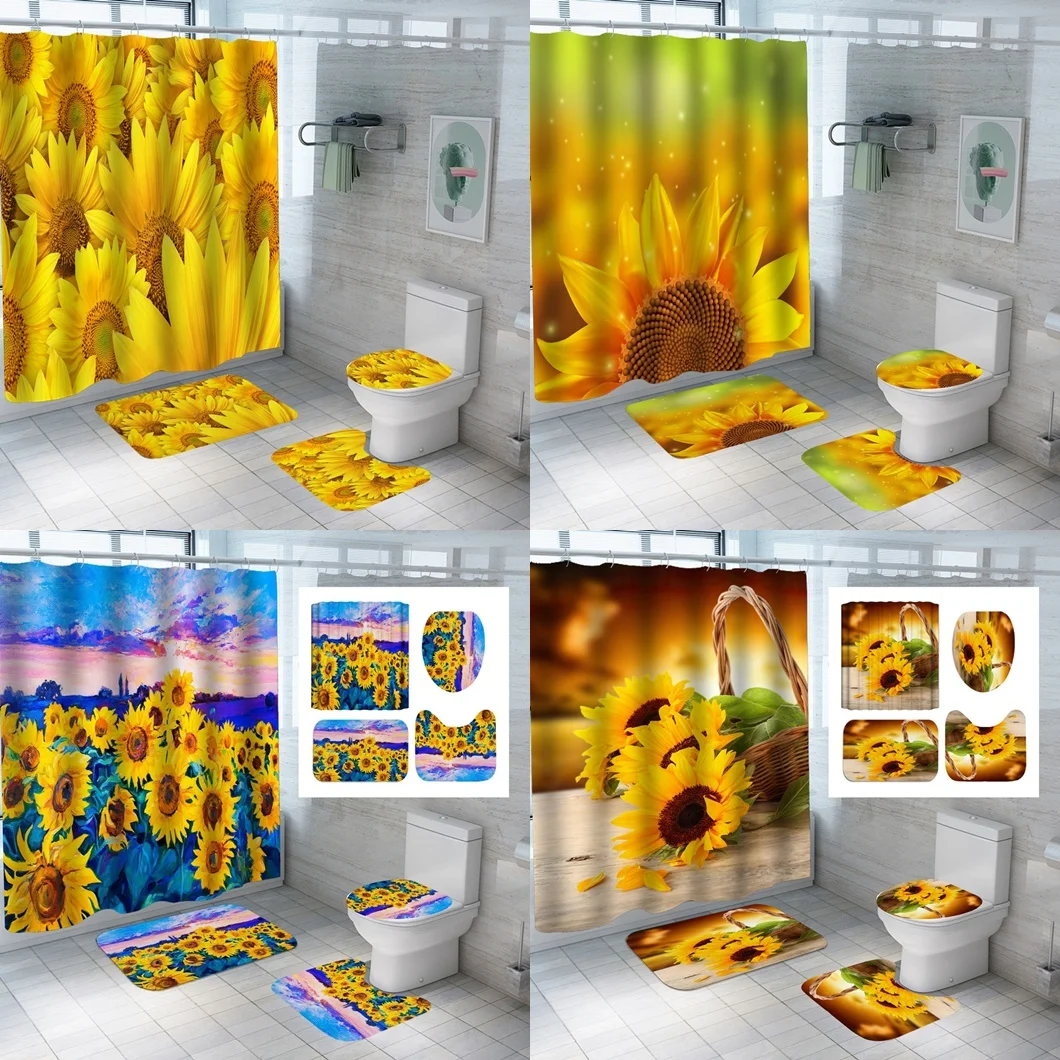 

Yellow Flower Sunflower Shower Curtain Set Rural Country Floral Scenery Bathroom Curtains Non-Slip Bath Mat Rug Lid Toilet Cover