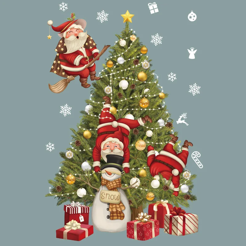 

31*46cm Cartoon Christmas Tree Sticker Cartoon Santa Claus Snowman Snowflake Xmas Gifts Boxes Sticker 2022 Noel Decor For Home