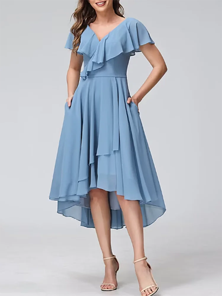 

New Bridesmaid Dress Blue V-Neck Short Sleeve Tea-Length Asymmetrical Chiffon with Ruffles Simple Wedding Guest Gowns Elegant