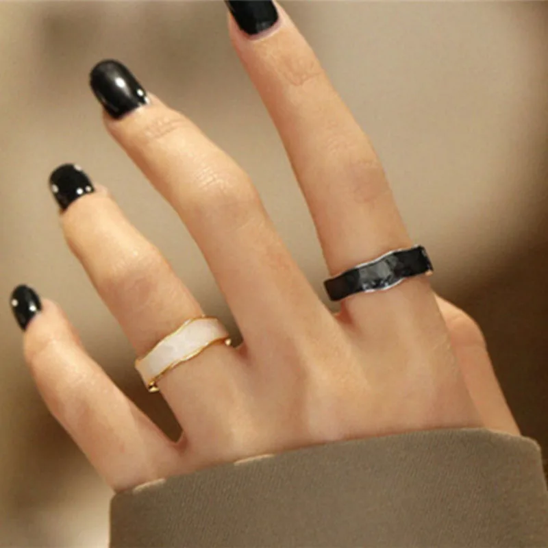 

New 925 Sterling Silver Opening Rings for Women Men Fashion Simple Black and White Drop Glue Party Jewelry Couple Accessories