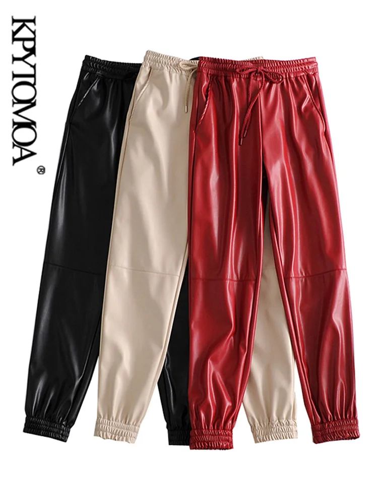 

KPYTOMOA Women Fashion Side Pockets Faux Leather Jogging Pants Vintage High Elastic Waist Drawstring Female Ankle Trousers Mujer