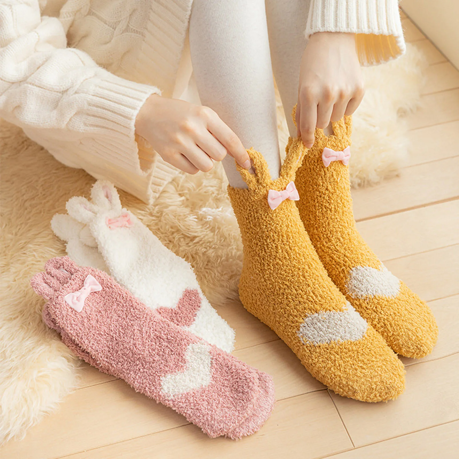 

Cute Bunny Ear Coral Fleece Fuzzy Socks Women Socks 2023 Winter Autumn Rabbit Happy Funny Socks For Girl Warm Winter Female Home