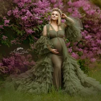 dark green a line maternity dresses v neck maternity photography long sleeves puffy ruffles pregnancy women dress babyshower