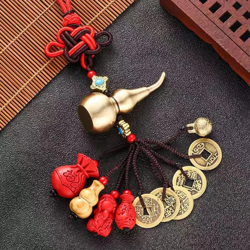 

1PC Good Fortune Chinese Knot Feng Shui Wealth Success Copper Coins Lucky Charm Gourd Pendant Home Car Decor