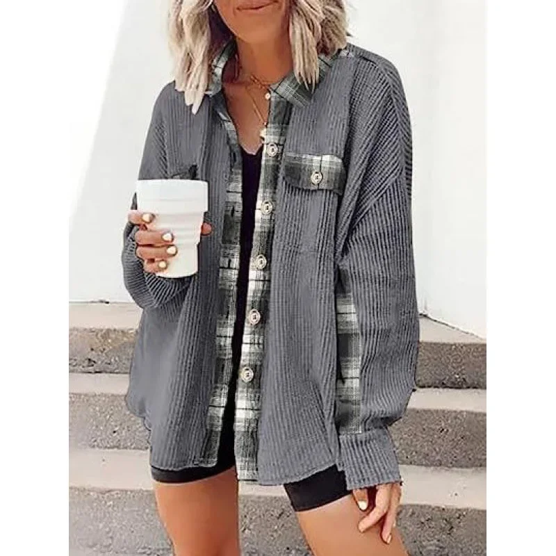 2023TEMU новая куртка-рубашка в европейском стиле с карманами и цветными блоками