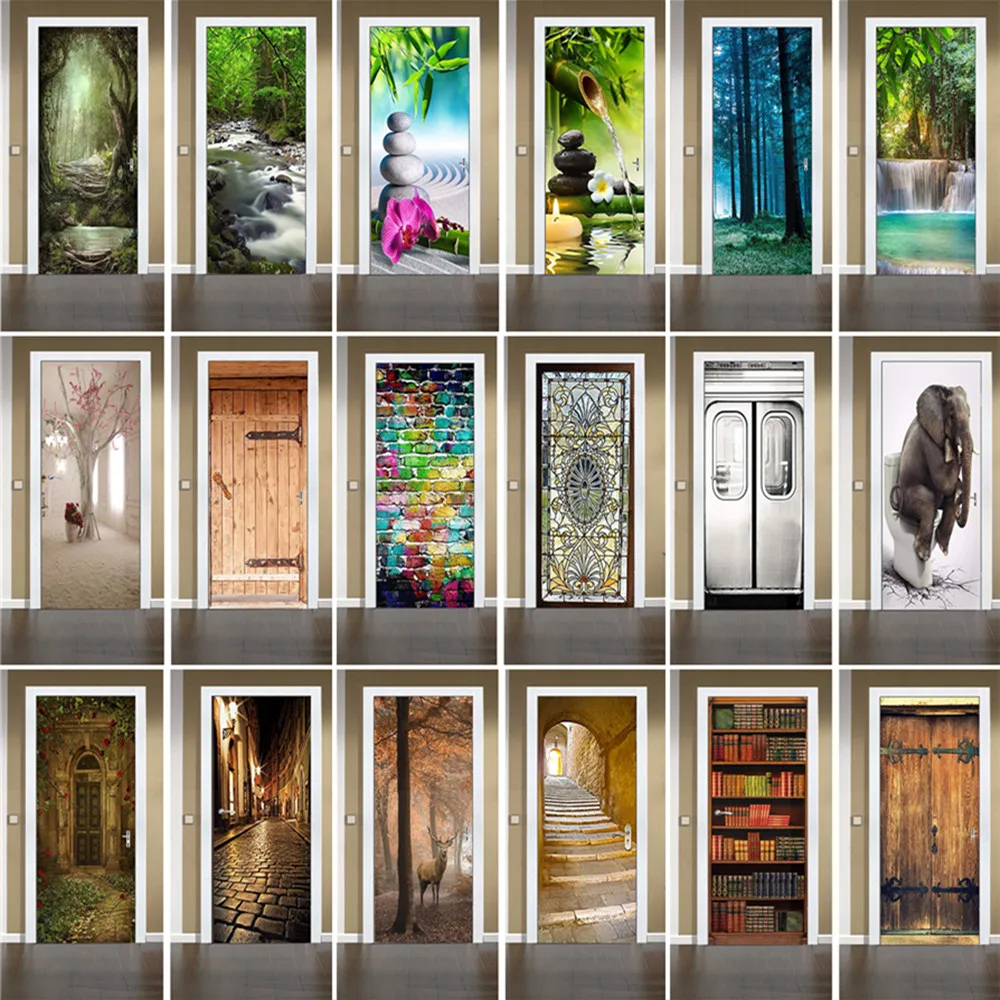 

Forest Landscape 3D Door Sticker Adhesive Waterproof Retro Corridor Street Full Door Cover Wallpaper Department Refurbish Decor