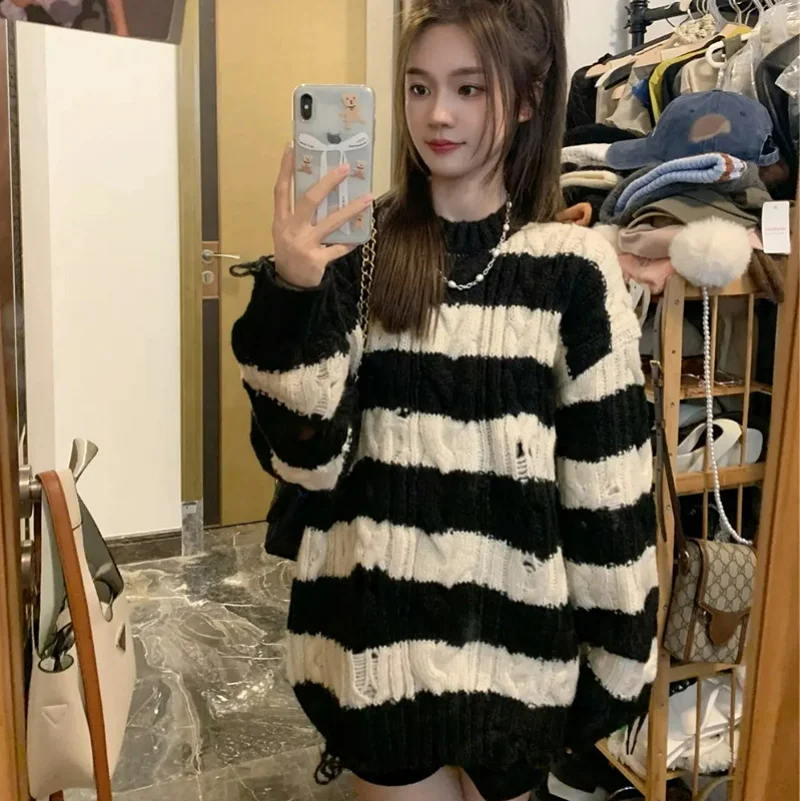 

Новинка, нестандартный Свободный пуловер в стиле ретро с вырезами, повседневный полосатый свитер средней длины с длинным рукавом, вязаный д...