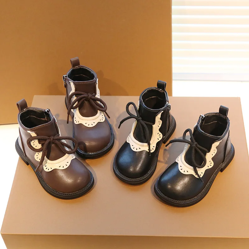 

Children's Front Lace Up Soft Sole Anti Slip Fashion Single Boot Girl's New Side Zipper Snow Cycling Warm Shoes
