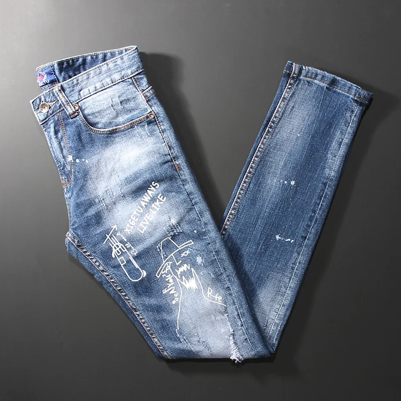 

Jeans Pria Ala Jalanan Mode Jeans Sobek Ramping Elastis Abu-abu Hitam Retro Celana Denim Hip Hop Lukis Saku Desainer Pria Hombre