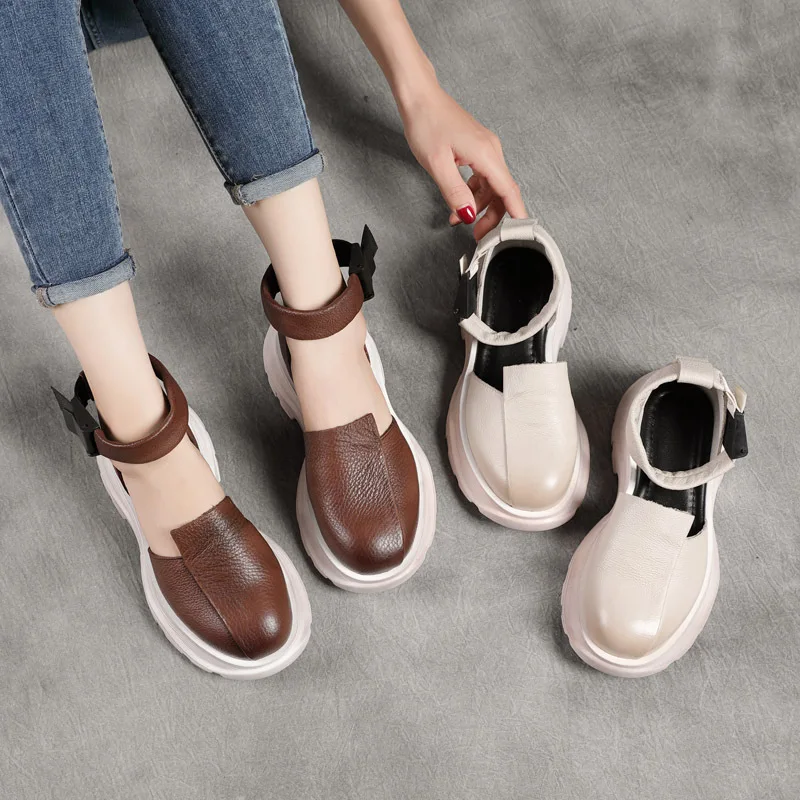 

Сандалии из натуральной кожи на платформе, босоножки с закрытым носком, первый слой воловьей кожи, повседневная спортивная обувь, высокий стиль, лето