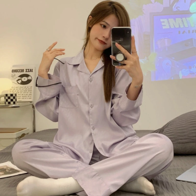 Pajamas Women New Spring and Autumn Fashion Light Luxury High-end Sense of Solid Color Ice Silk Home Service Two-piece Sleepwear
