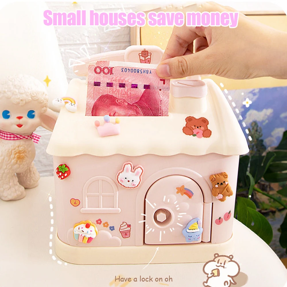 

Cute Piggy Bank Cartoon House Piggy Bank With Lock and Key Girl Money Saving Box For Children Gift Decoration Ornament