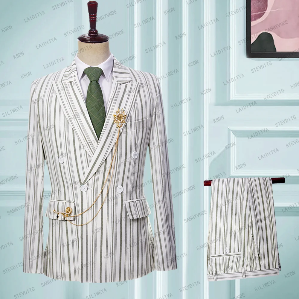 

Мужской комплект из двух предметов, зеленое и белое пальто с полосками и длинные брюки для отдыха, работы и свадьбы, весна 2023