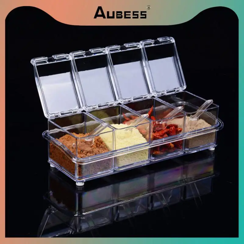Transparent 4 Compartments Kitchen Condiment Cruet Storage Container Salt And Pepper Seasoning Bottle With Spoon Multi-grid