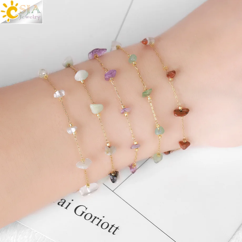 CSJA рейки Чип Бусы Браслеты Натуральный камень розовый кварц модные ювелирные