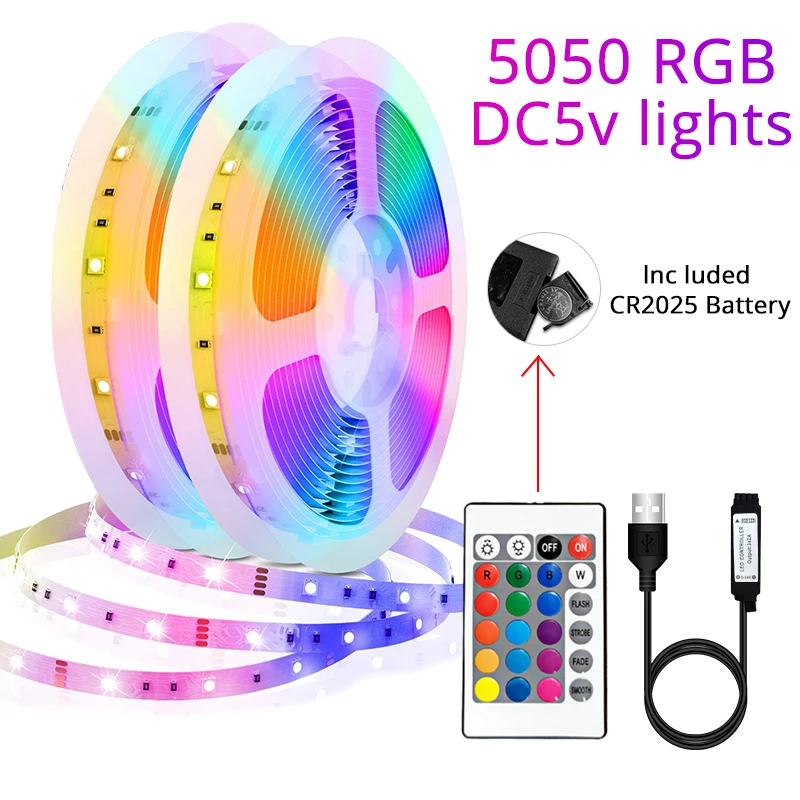 RGB 5050 5V Led Strip Lights  20M To 30M Colorful Tape USB Connector With Remote Battery TV Desktop Screen BackLight