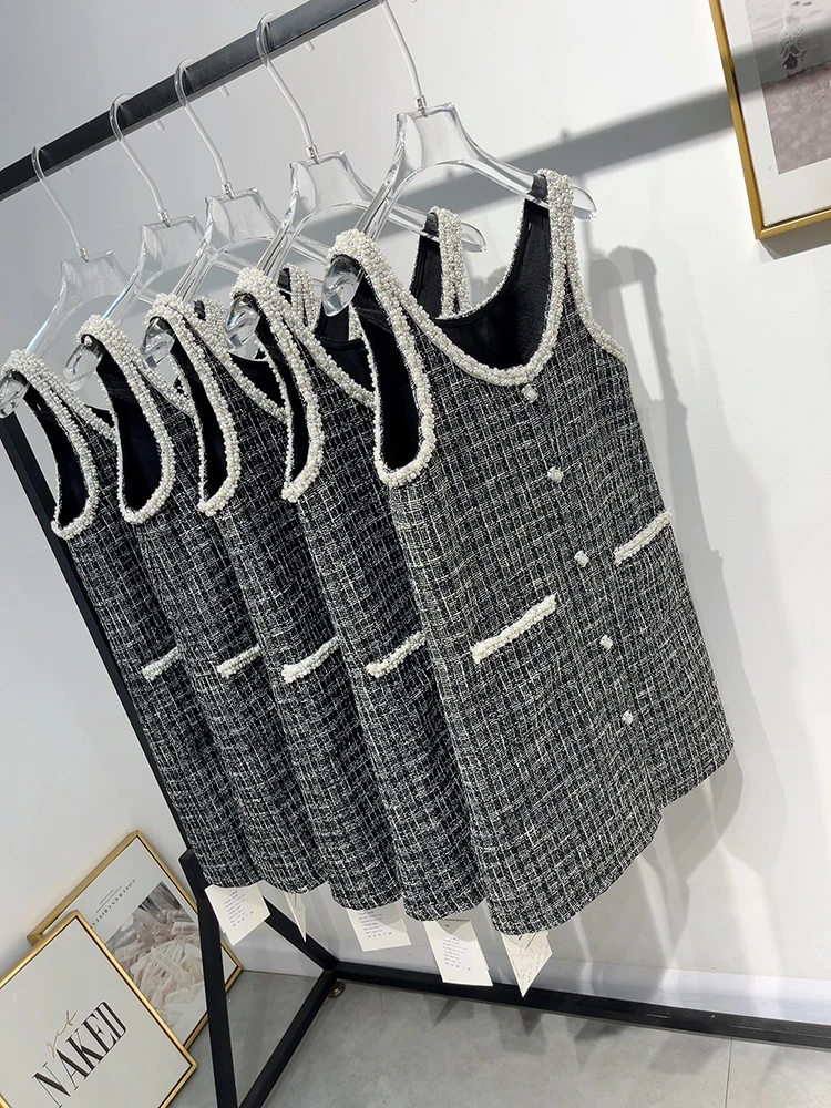 

Новое летнее твидовое платье высокого качества с металлическими пуговицами, женское корейское шикарное элегантное свободное однобортное платье без рукавов, женское мини-платье