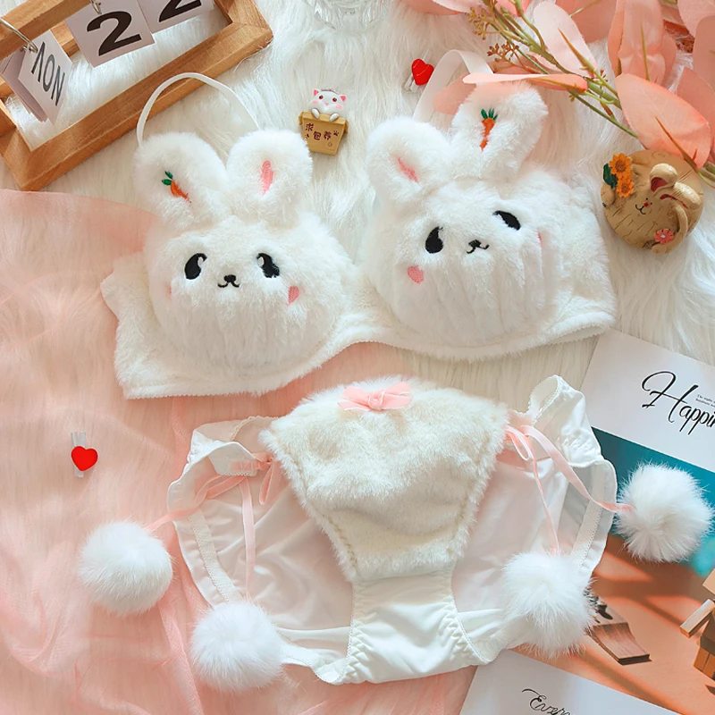 Japanese lolita girls plush lingerie with underpants no steel ring push-up bra set warm lingerie underpants suit rabbit bralette