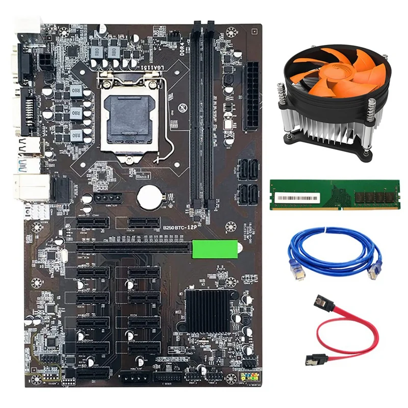

Материнская плата B250 для майнинга LGA115 PCI-E 3,0 с кабелем SATA + сетевой кабель RJ45 + охлаждающий вентилятор + DDR4 8 Гб 2666 МГц ОЗУ для майнинга