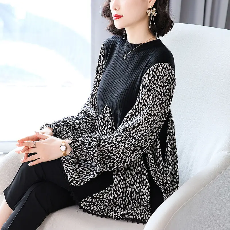Casual Patchwork Korean Trend Popularity Leisure Women's Clothing Spring Autumn T-Shirts Loose O-neck Long Sleeved Polka Dot Top