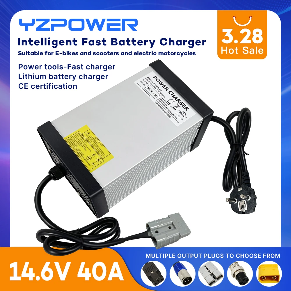 

YZPOWER 14.6V 40A Lifepo4 Lithium Battery Charger for 4S 12V Ebike with 4 Cooling Fans with Outplug Plug