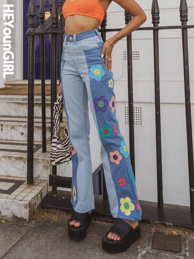 

HEYounGIRL Floral Vintage Patchwork Jeans Women Casual High Waist Flared Pants Cotton Korean Denim Trousers Ladies Autumn
