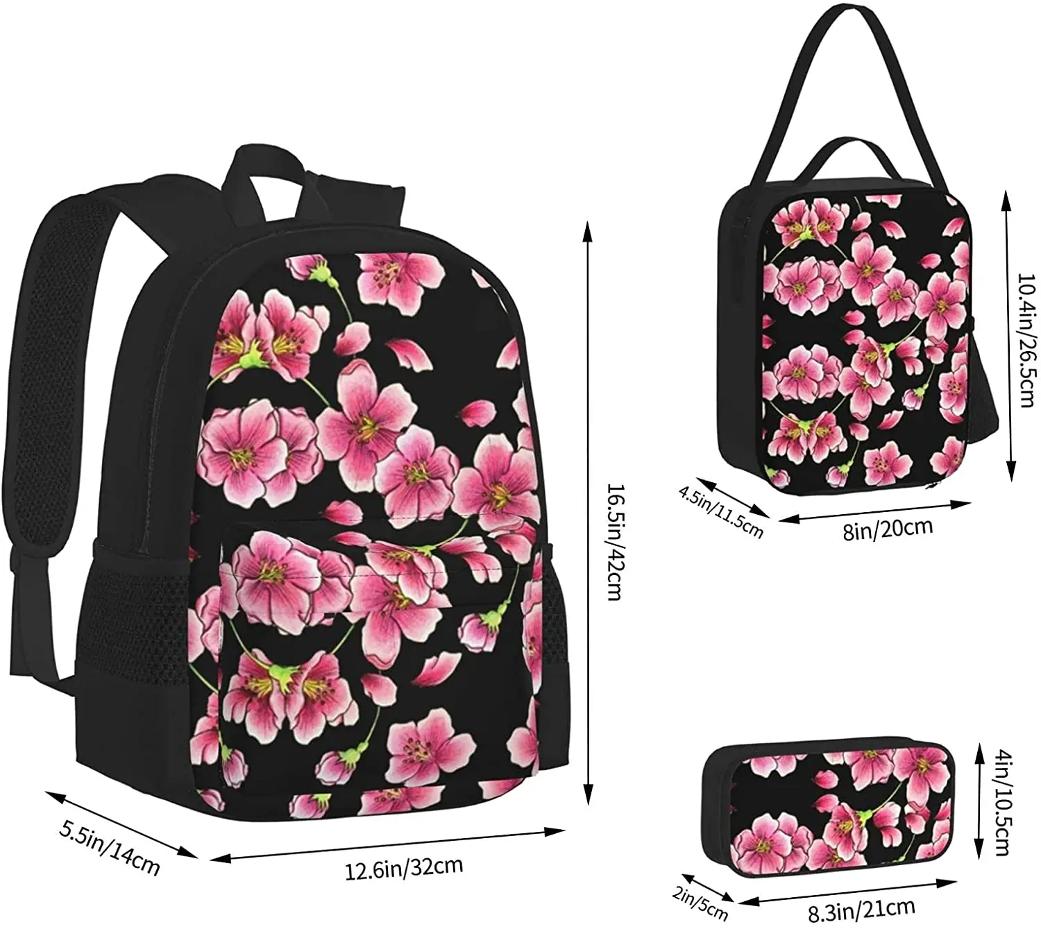 Cherry Blossoms On Black Backpack Set 3-Piece Teen Boys Girls Backpack Messenger Lunch Bag Pencil Case Set