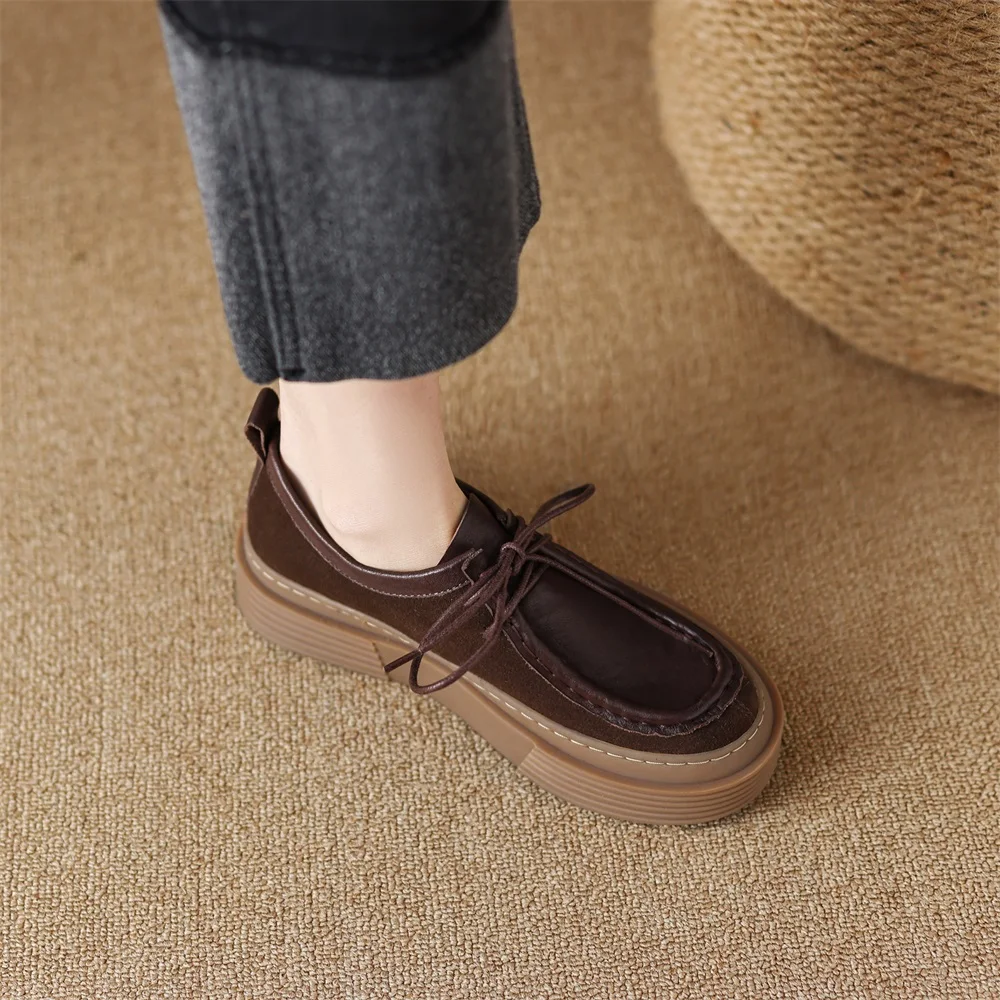 Kanseet Genuine Leather Women Shoes Spring New Round Toe Causal Platform Loafers Handmade Thick High Heel Lady Footwear 40 Brown