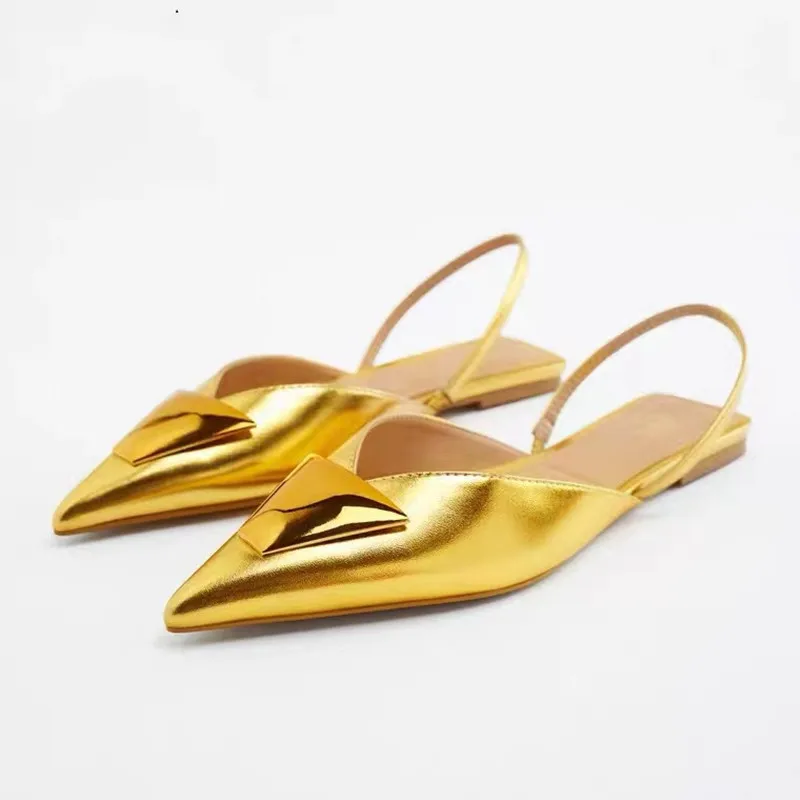 

Flat Gold Shoes Women Sandals Elegant Casual Mules Pointe Slingback Shoes Luxury Woman Spring Summer New 2022 Party Sandals