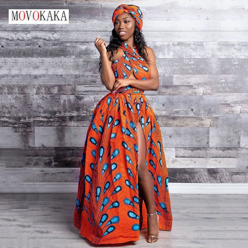 

MOVOKAKA Summer Indie Folk Woman Sexy Long Dress Casual Bandage Split Feather Printing Vestidos Variety Dressing Methods Dresses