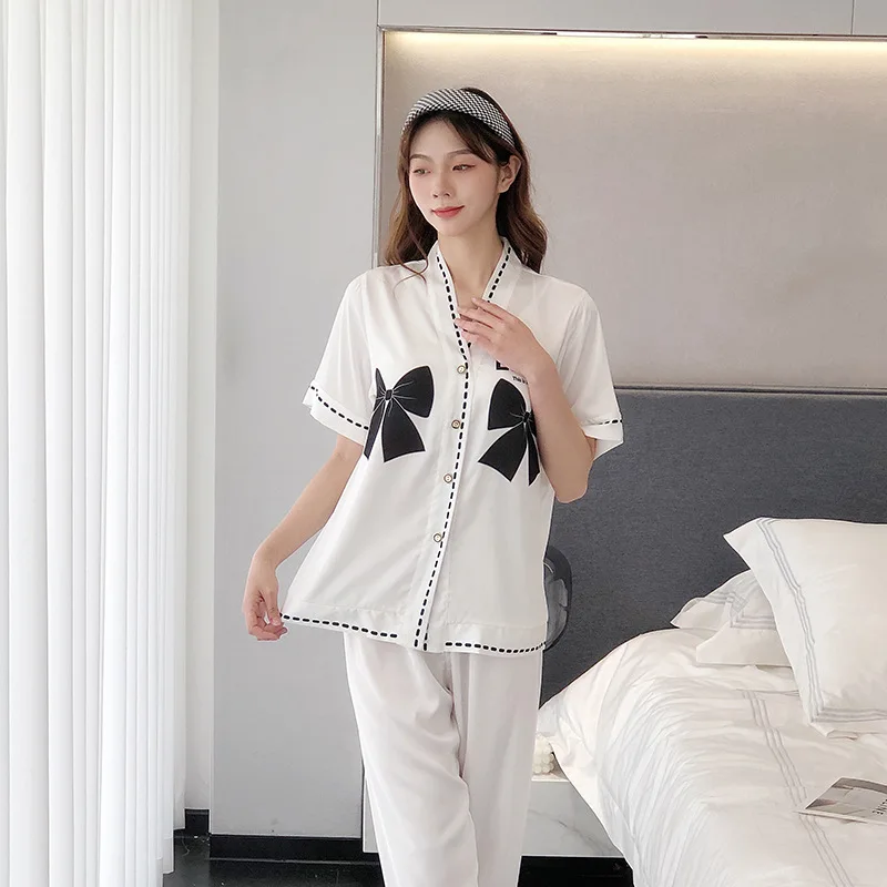 New pajamas women summer ice silk long-sleeved cardigan suit spring and autumn thin section plus size trousers home service