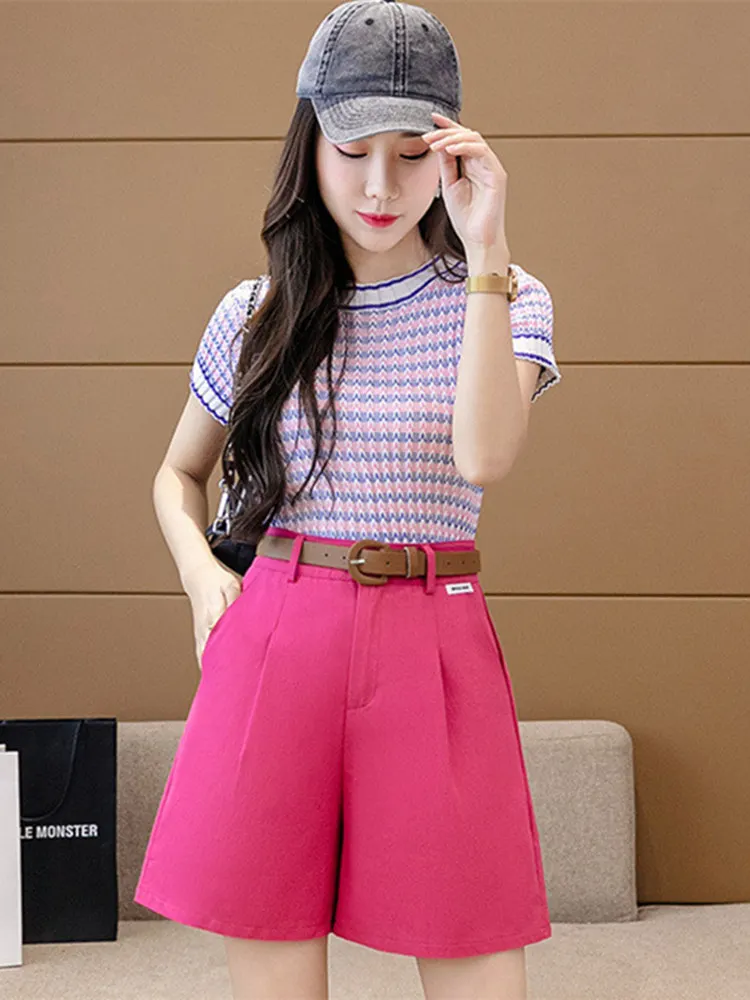 

Summer Suit Shorts Women 2022 New Overalls Wide Leg Pants Dragon Fruit Color High Waisted Shorts with Belt