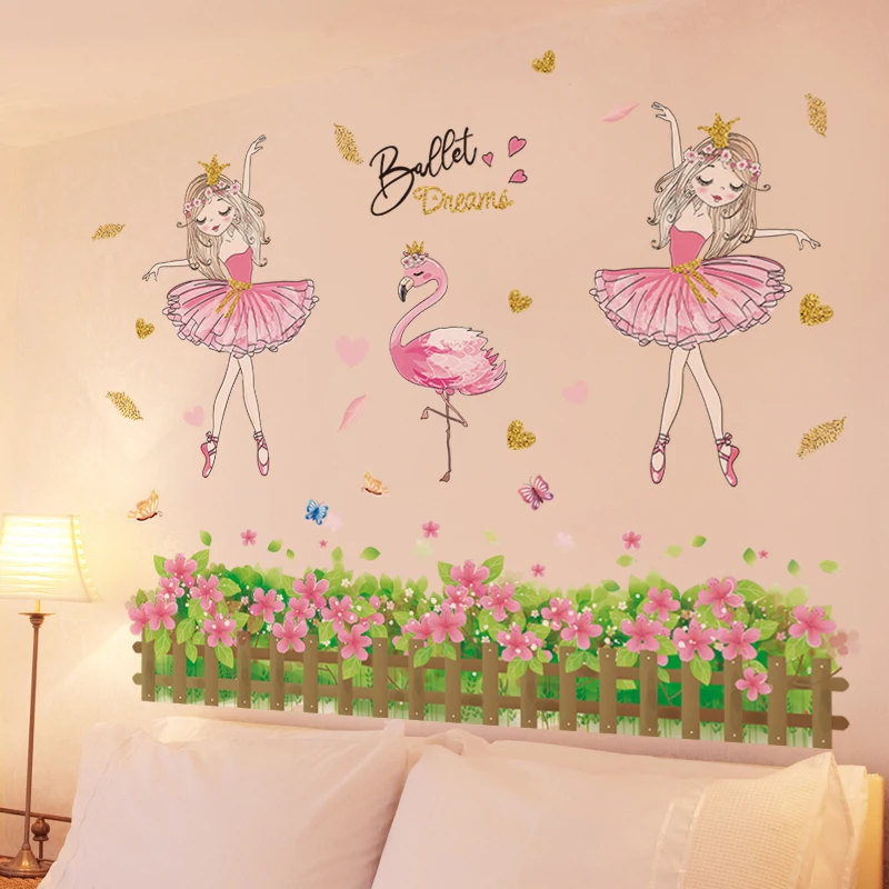 

[SHIJUEHEZI] Cartoon Girl Dancer Wall Stickers DIY Flowers Butterflies Wall Decals for Kids Rooms Baby Bedroom Home Decoration