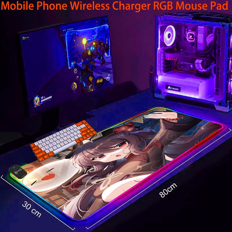 

Ударопрочный телефонный коврик для мыши Genshin с беспроводной зарядкой RGB, светодиодный игровой коврик для ноутбука, противоскользящие аксес...