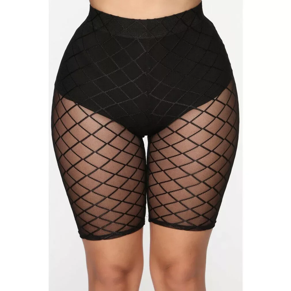 

2022 Women Fishnet High Waist Shorts Fashion Mesh Sheer See Through Hollow Legging Shorts Swimwear Casual Skinny Trousers