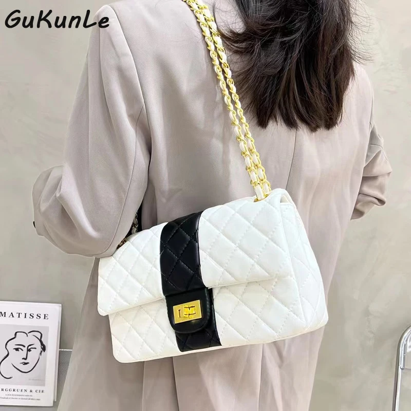 

New Luxury Diamond Lattice Shoulder Women Bag Black White Panelled Pu Leather Bag Female Flap Quilted Chain Crossbody Handbag