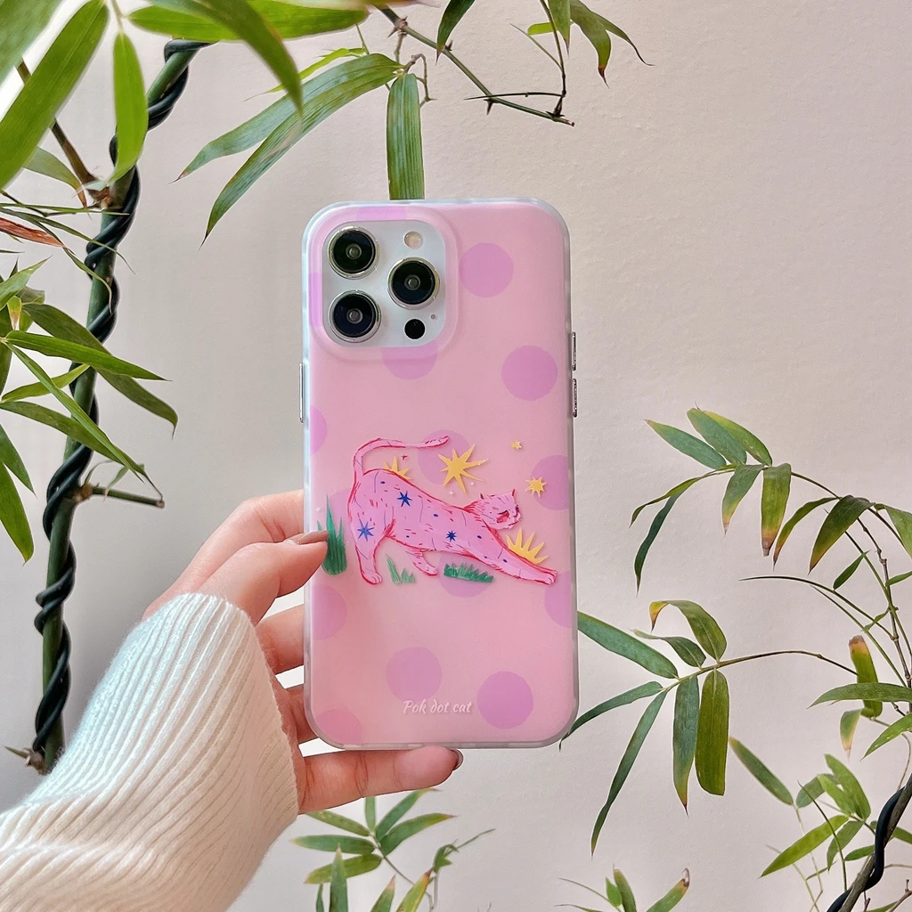 

Pink Wave Point Cat Cover Case for iPhone 15 14 13 12 11 Pro Max