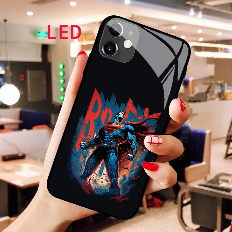 

Superman Luminous Tempered Glass phone case For Apple iphone 12 11 Pro Max XS mini Acoustic Control Protect LED Backlight cover