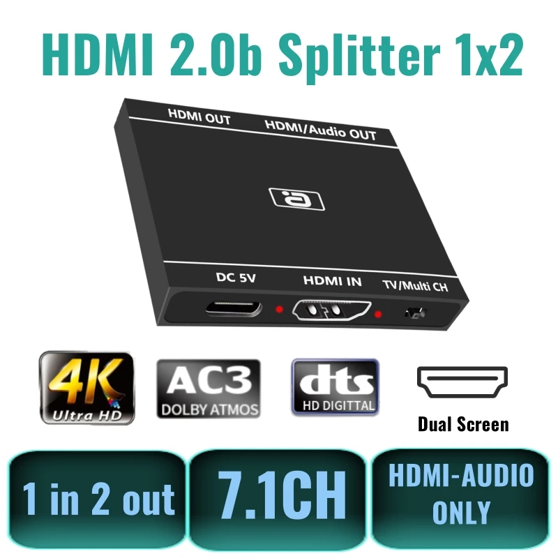 Hdmi 2.0b 1x2 Splitter 4K@60HZ UHD 1 In 2 Out HDMI-compatible Only Audio Extractor HDCP Crack 7.1CH Dolby Atmos for PS TV Box