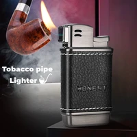 honest new oblique flame tobacco pipe lighter genuine leather cover inflatable butane gas cigarette lighter smoking accessories
