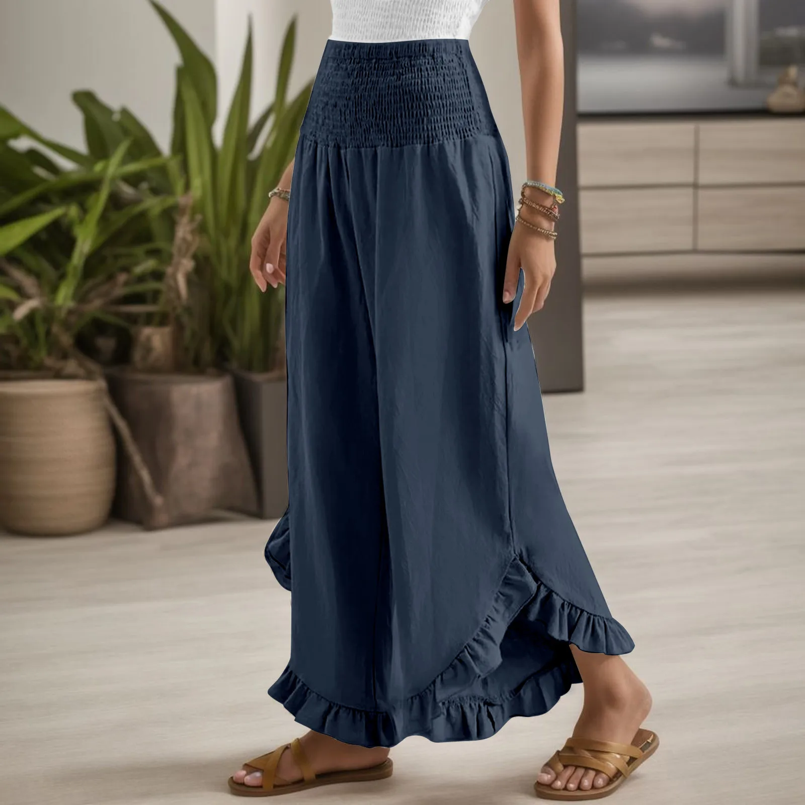 

Женские Штаны Для Йоги, повседневные Однотонные эластичные брюки с высокой талией из хлопка и льна с широкими штанинами, необычные женские спортивные брюки с оборками