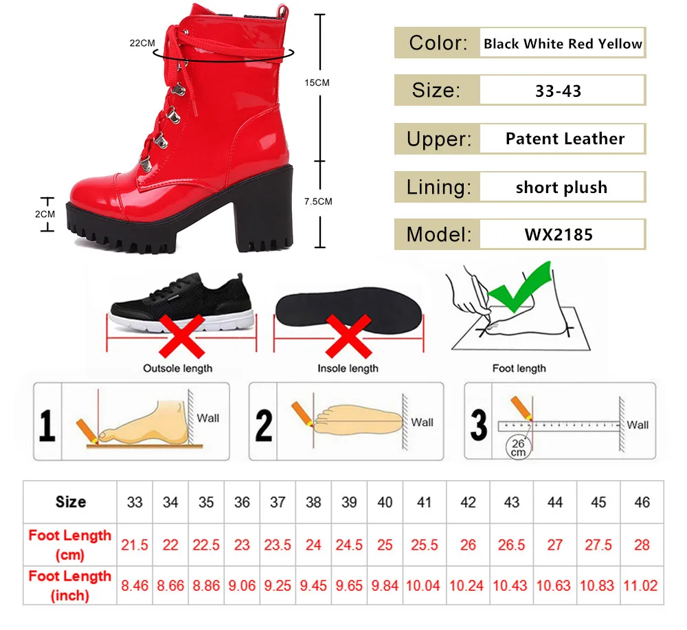 Lace Up Sexy Winter Fashion Women Platform Boats Mujer Punk High Heels Black Yellow Red White Ankle Boots Autumn Rubber Shoes