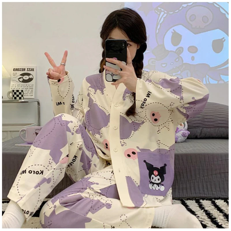 

Sanrios Kuromi Cinnamoroll Women Long Sleeved Cardigan Pajamas Set Full Sleeve spring autumn cotton Homewear Female Loungewear