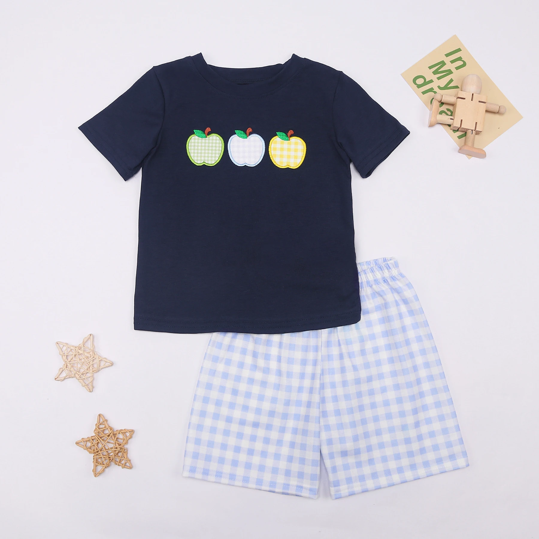

Children's Outfits Baby Boy Bluey Clothes Set Apples Embroidery Bodysuit Toddler Suit Sleeve Kids T-shirt 1-8T Lattices Shorts