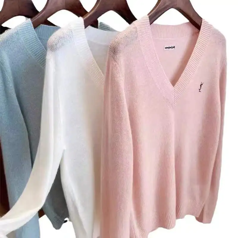 

New Spring/Summer Long Sleeved Fine Wool Women's T-shirt Korean Version Thin V-neck Knitted Solid Color Sweater Basic Pullover