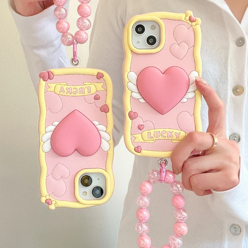

South Korea Pop Cute 3D Love heart wing Pink Phone Case For iphone 14 13 12 i11 Pro Max Soft silicone Cover + bead Lanyard girls