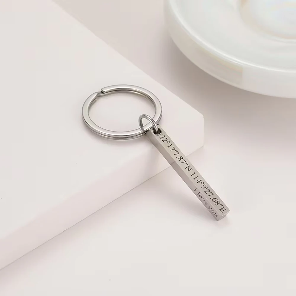 Personalized Cuboid Pendant Key Chain Four Side Engraved Name Telephone Number Car Key Anti-lost Stainless Steel Custom Keychain