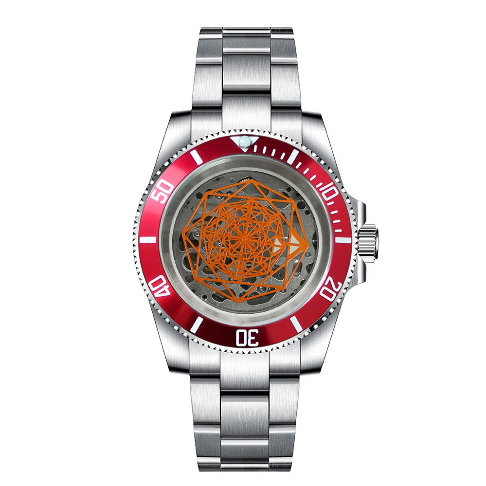 40mm men's mechanical watch stainless steel case sand strap sapphire glass skeleton dial Orange dial hands C3  NH70  movement