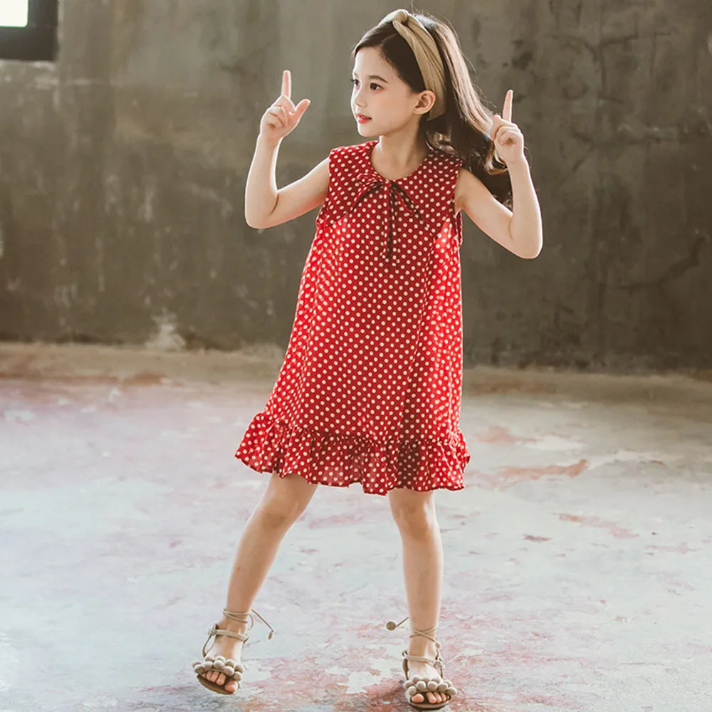 

Casual Girls Summer Fashion Chiffon Party Dress Cute Kids Polka Dot Print Dresses Clothes Teens Lapel Bowknot Ruffle Dresses